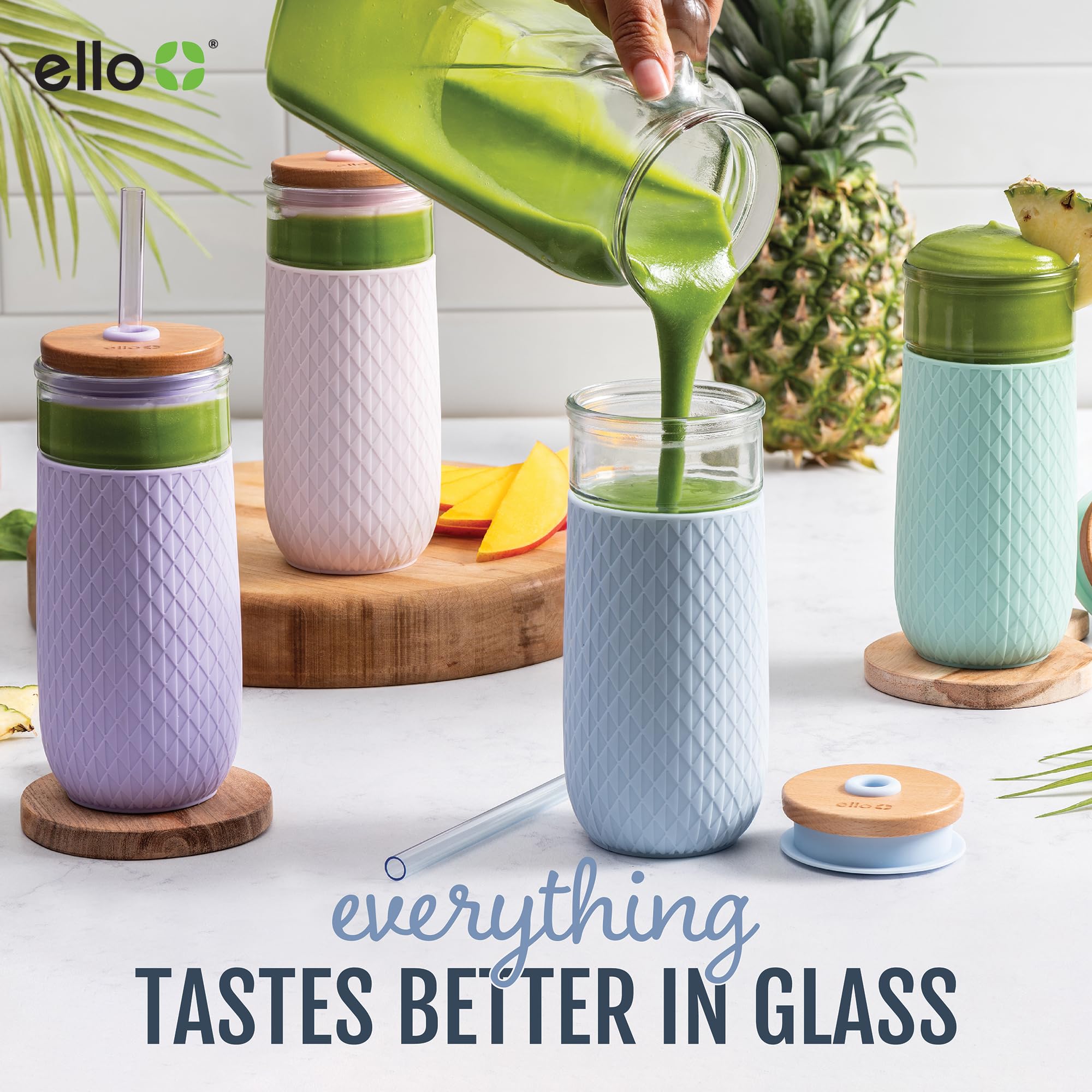 Foto 4 | Vaso De Vidrio Ello Devon 530 Ml Con Tapa De Paja De Bambú, Color Malva - Venta Internacional.