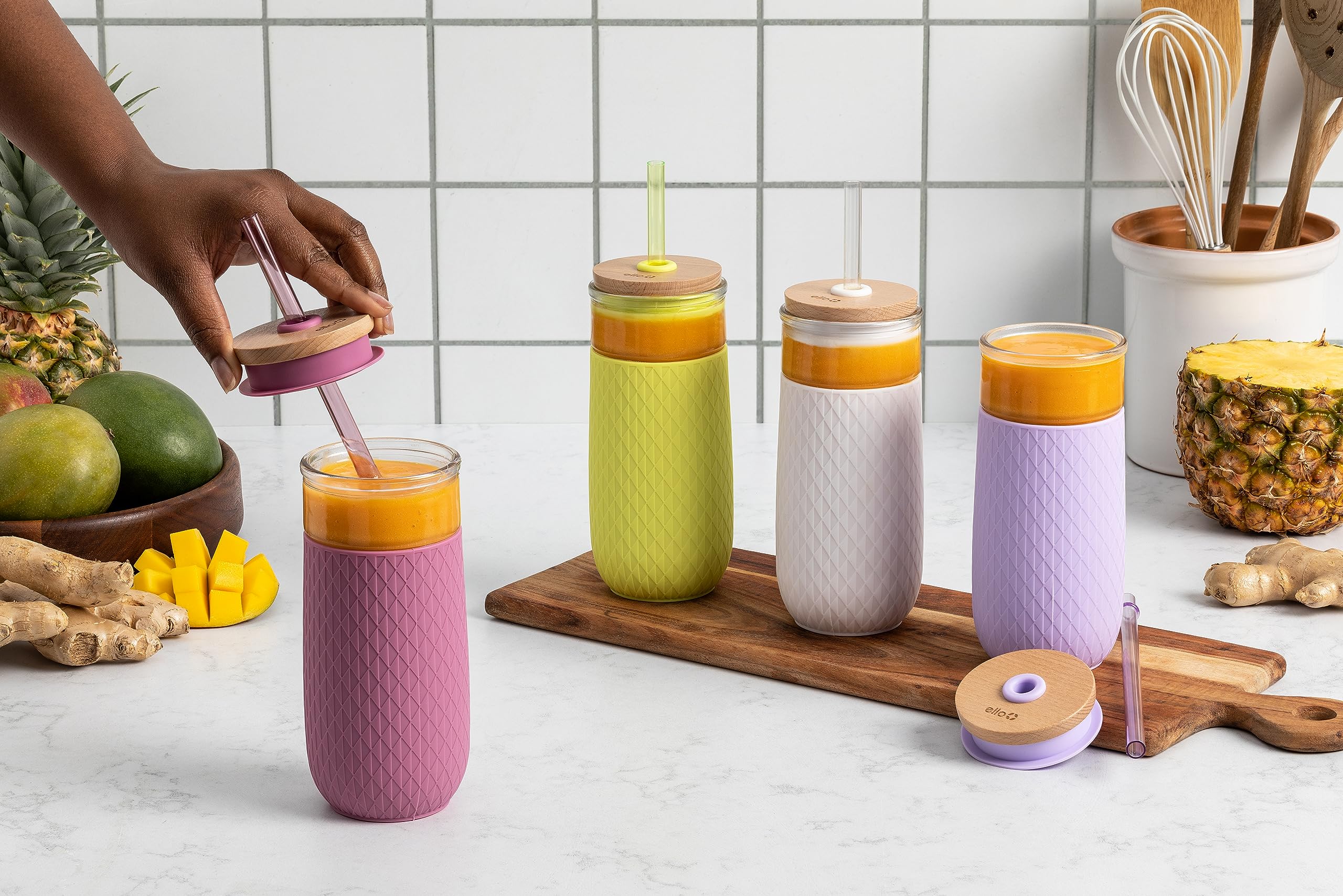 Foto 5 | Vaso De Vidrio Ello Devon 530 Ml Con Tapa De Paja De Bambú, Color Malva - Venta Internacional.