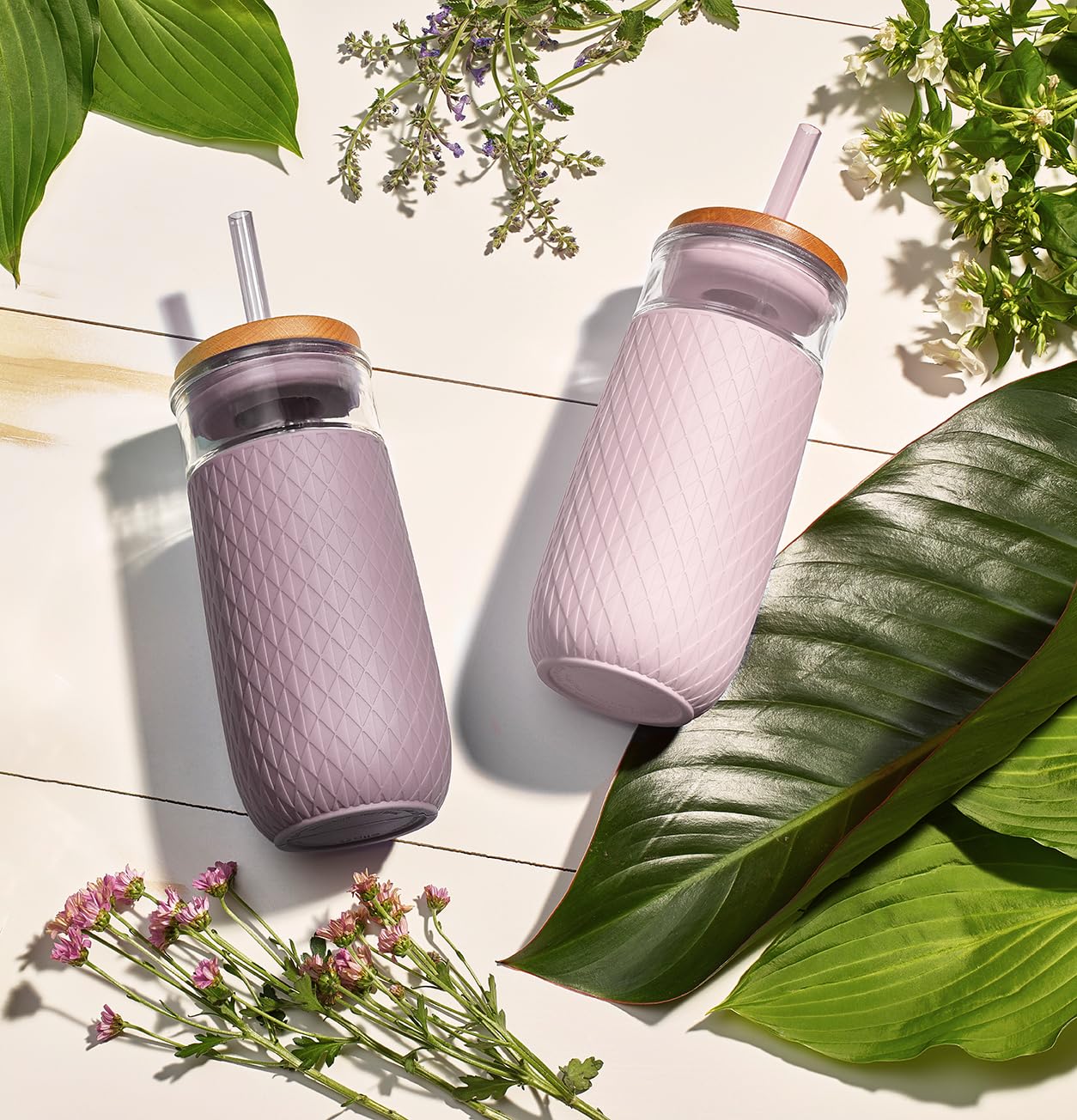 Foto 7 pulgar | Vaso De Vidrio Ello Devon 530 Ml Con Tapa De Paja De Bambú, Color Malva - Venta Internacional.