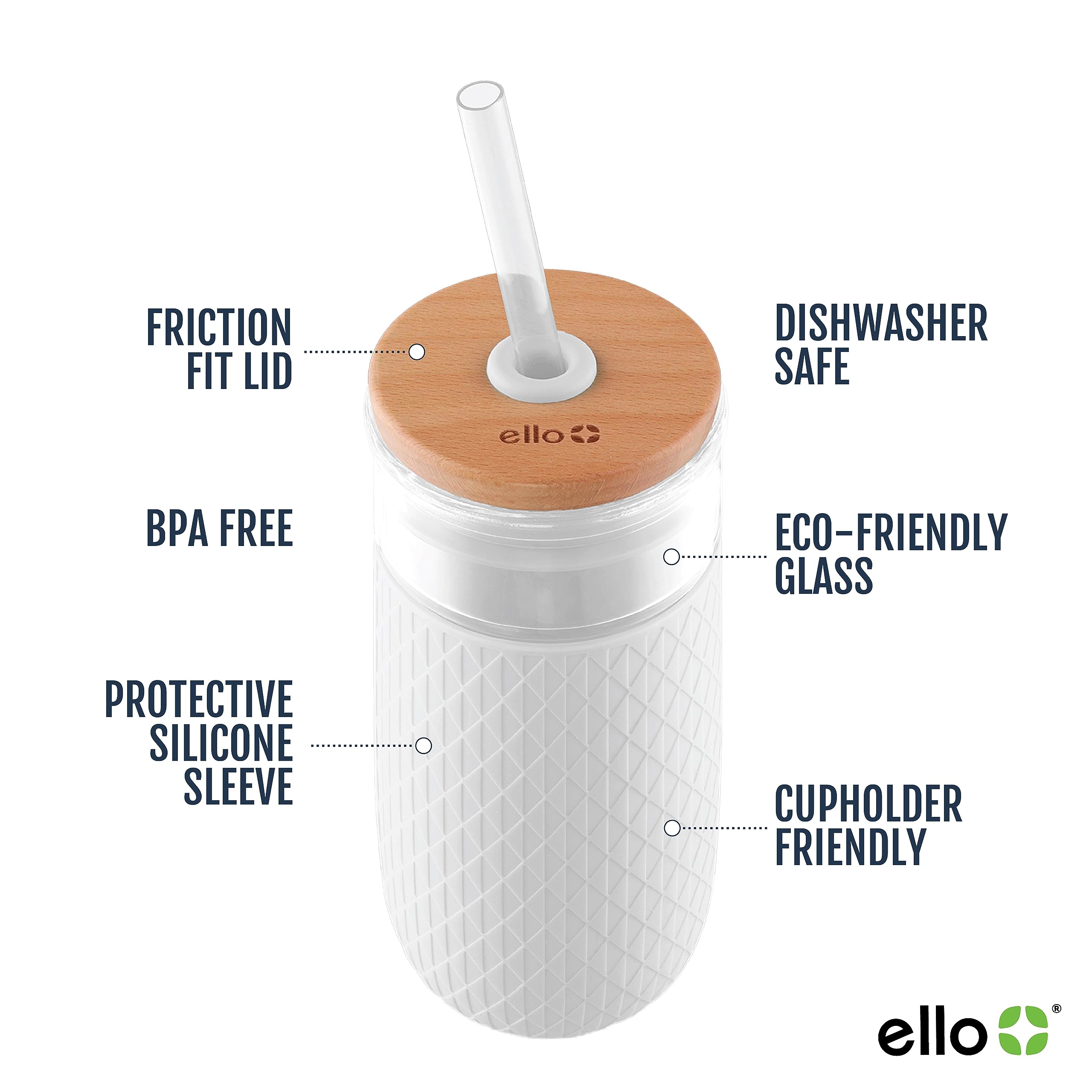 Foto 3 pulgar | Vaso De Cristal Ello Devon, 530 Ml, Con Tapa De Paja De Bambú, Color Blanco - Venta Internacional.