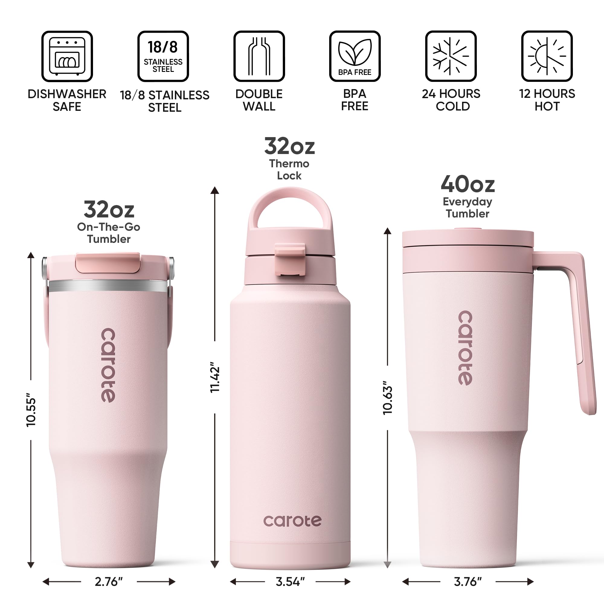 Foto 6 | Set De Vasos Carote De Acero Inoxidable, 1,2 L, 950 Ml, 950 Ml, Color Rosa - Venta Internacional.