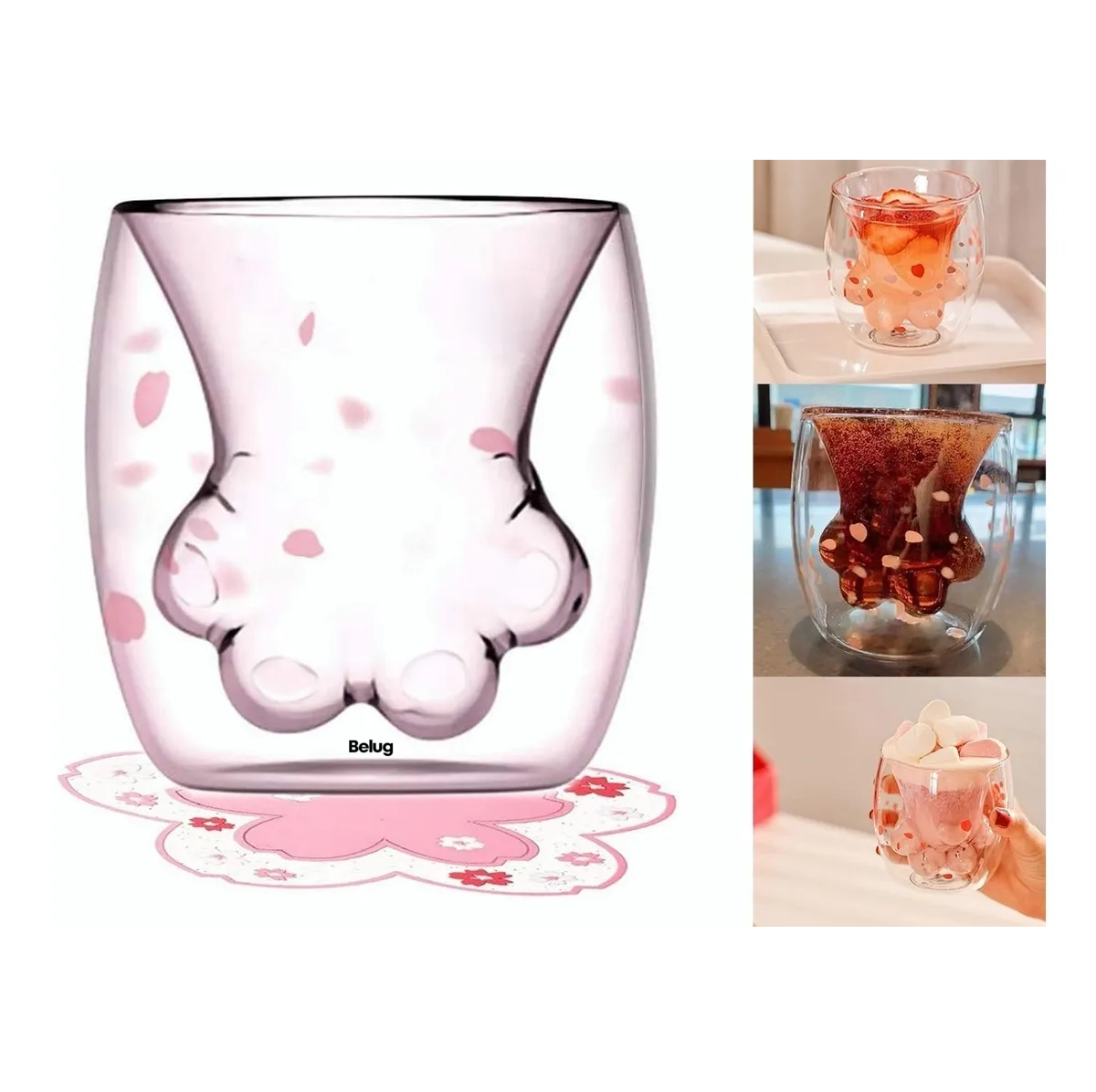 Foto 3 pulgar | Diseño De Pata De Gato  Belug  Copa De Vidrio Doble Con Cerezos Rosa