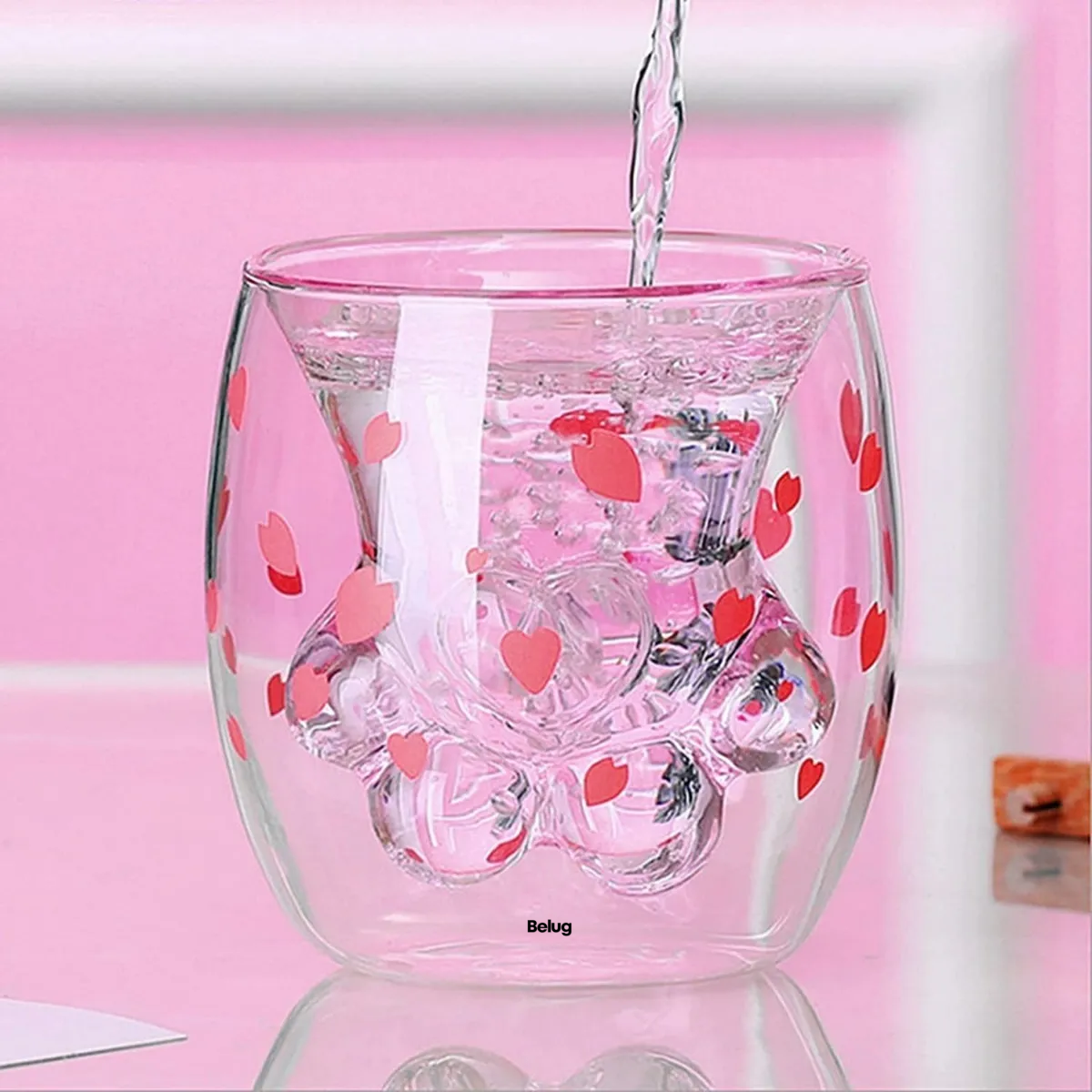 Foto 5 pulgar | Diseño De Pata De Gato  Belug  Copa De Vidrio Doble Con Cerezos Rosa