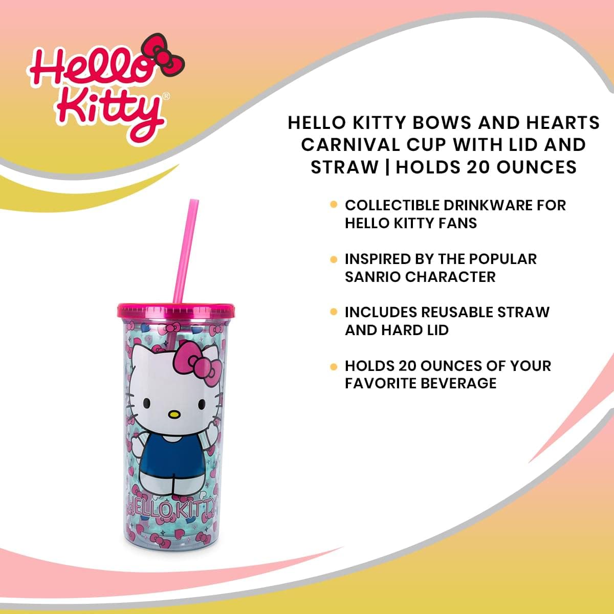Foto 7 | Vaso Para Bebidas Frías Sanrio Hello Kitty Bows And Hearts  600 Ml  Con Pajita - Venta Internacional.