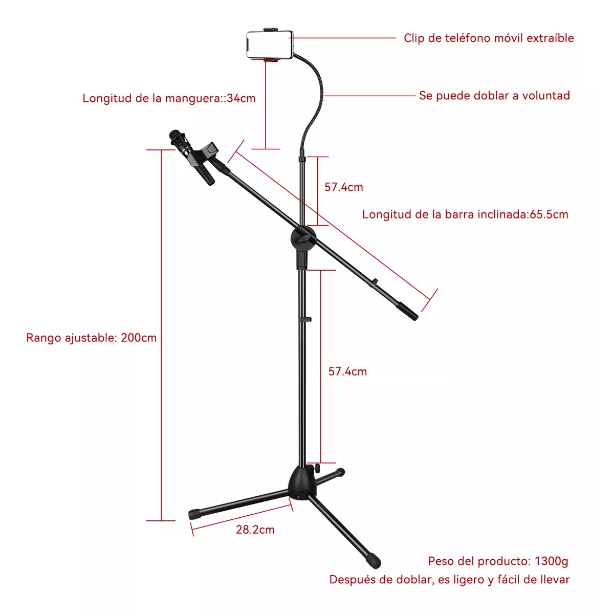 Foto 4 pulgar | Tripie Soporte Para Micrófono Con Teléfono Pedestal Atril  Eo Safe Imports Esi-16084 Negro