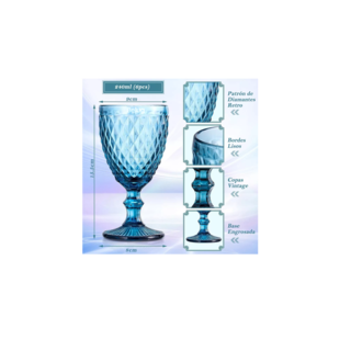 Foto 3 | Juego 6 Copas Vino Agua Cristal Labrado Vidrio Azul