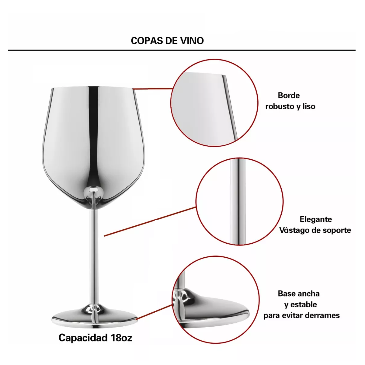 Foto 5 pulgar | Copas De Vino De Acero Inoxidable Plateadas 4 Pz