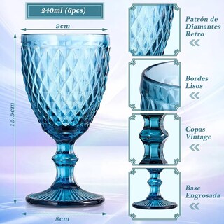 Foto 3 | Juego 6 Copas Vino Belug Agua Cristal Labrado Vidrio Azul