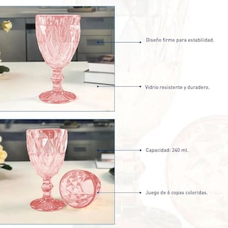 Foto 5 | Juego De 6 Copas De Vidrio 240 ml, Copas Coloridas Para Agua, Vino O Cócteles (Rosa) Bluelander