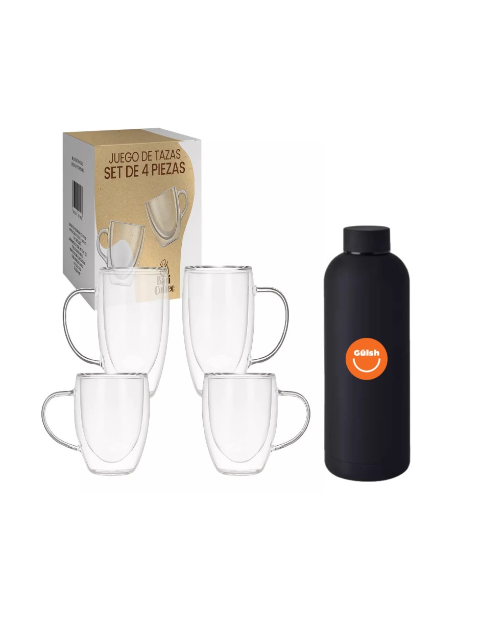 Juego De 4 Tazas De Vidrio + Termo De Agua Güish
