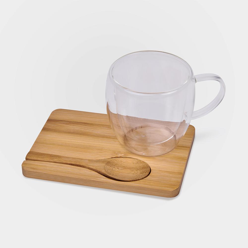 Foto 2 pulgar | Set Corporativo Taza Vidrio Doble Pared Con Base Y Cuchara Bambú-taza