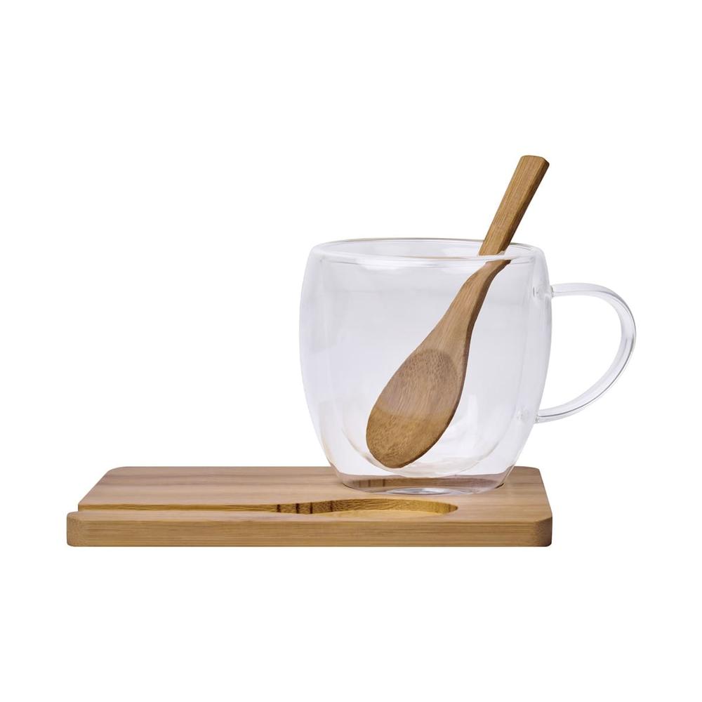 Foto 4 pulgar | Set Corporativo Taza Vidrio Doble Pared Con Base Y Cuchara Bambú-taza