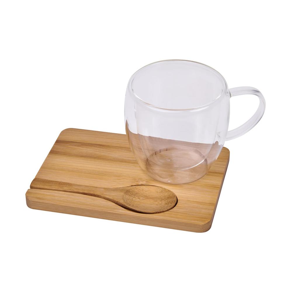 Foto 5 pulgar | Set Corporativo Taza Vidrio Doble Pared Con Base Y Cuchara Bambú-taza