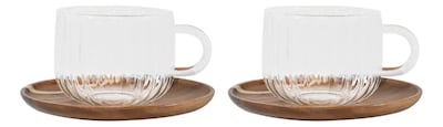 Foto 1 | Tazas De Vidrio Con Plato De Madera Modernas 420 Ml 2 Pzas