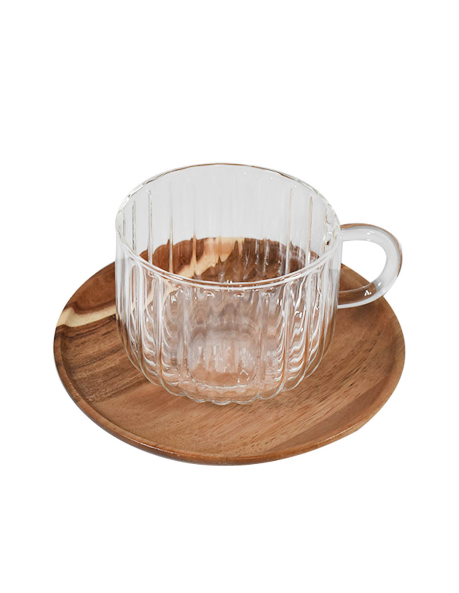 Foto 3 pulgar | Tazas De Vidrio Con Plato De Madera Modernas 420 Ml 2 Pzas