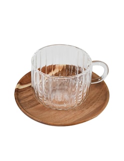 Foto 2 | Tazas De Vidrio Con Plato De Madera Modernas 420 Ml 2 Pzas