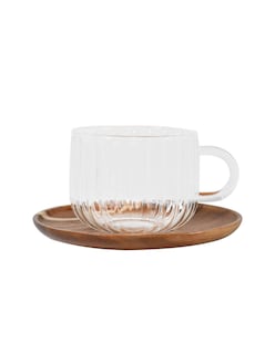 Foto 3 | Tazas De Vidrio Con Plato De Madera Modernas 420 Ml 2 Pzas