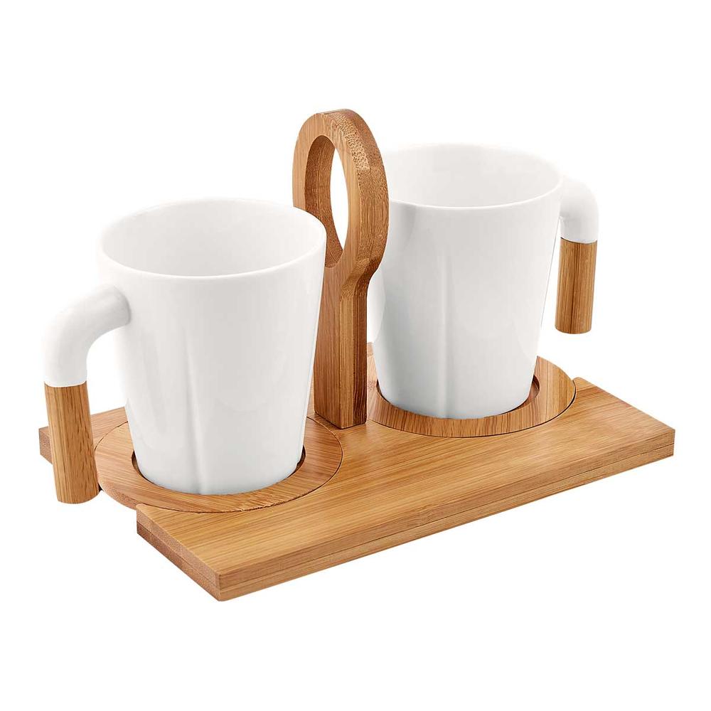 Foto 1 | Set De 2 Tazas Cerámica Con Asas Y Base De Bambú  Regalo Elegante 8 Oz-tazas