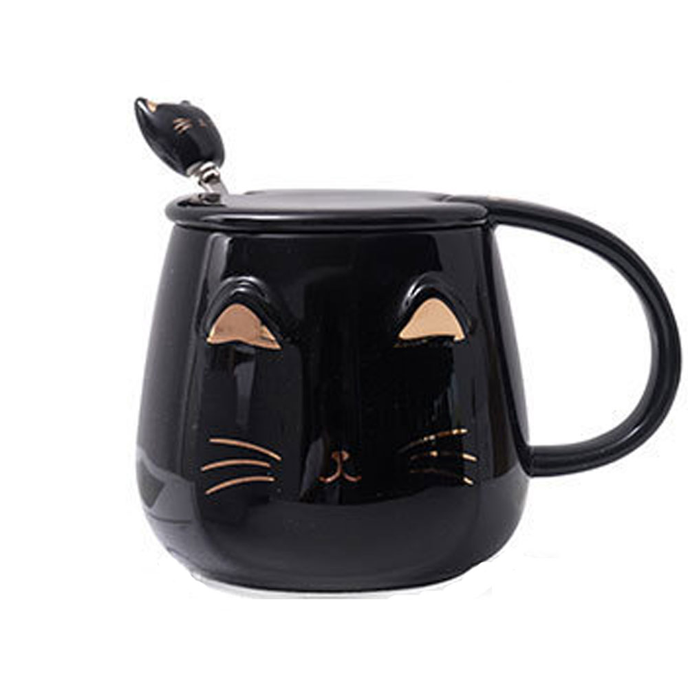 Taza de Cerámica Happyware Diseño de Gato Creativa con Tapa y Cuchara color Negro