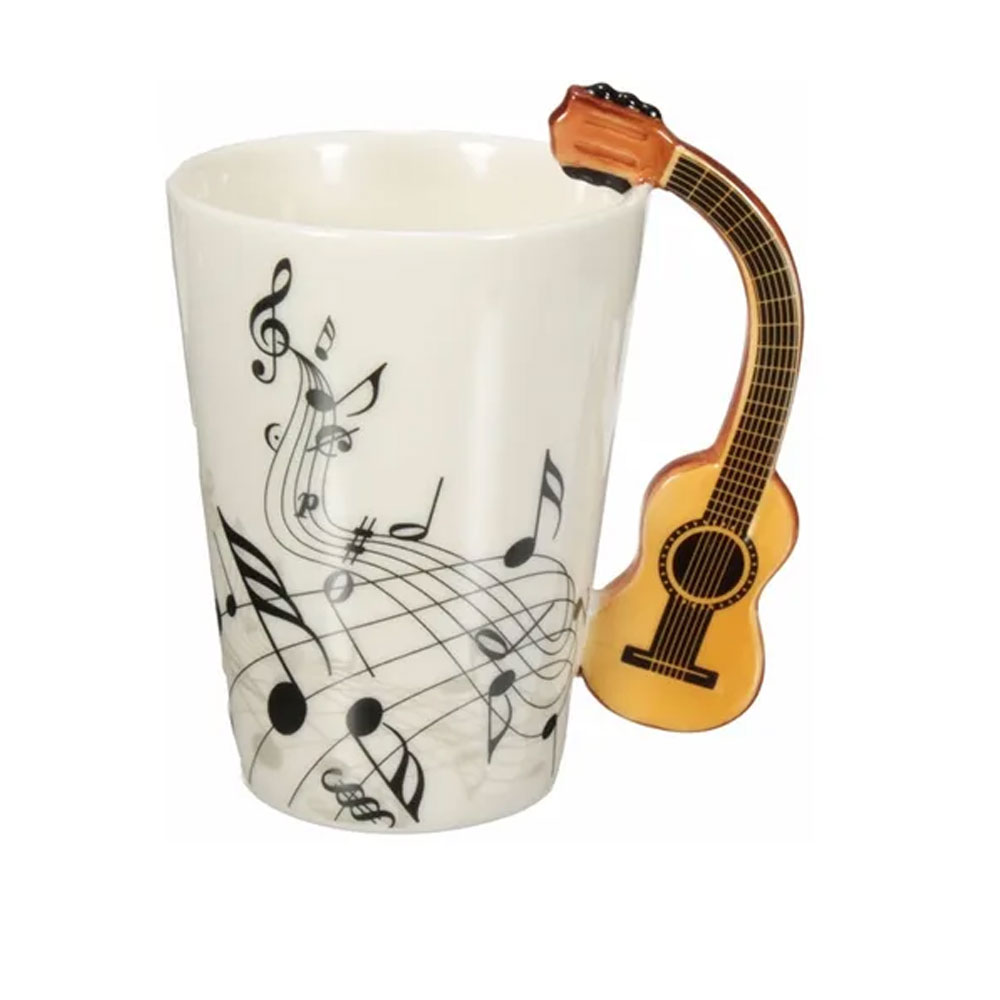 Taza con Mango Guitarra Acústica y Notas Musicales Ondulantes HappyWare color Café