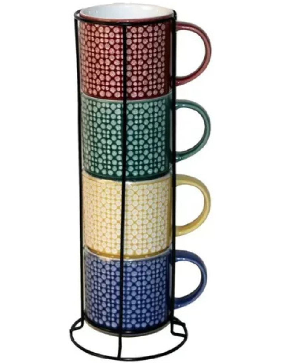 Set Tazas De Cerámica Apilables Multicolor 4pz 414 Ml C/base