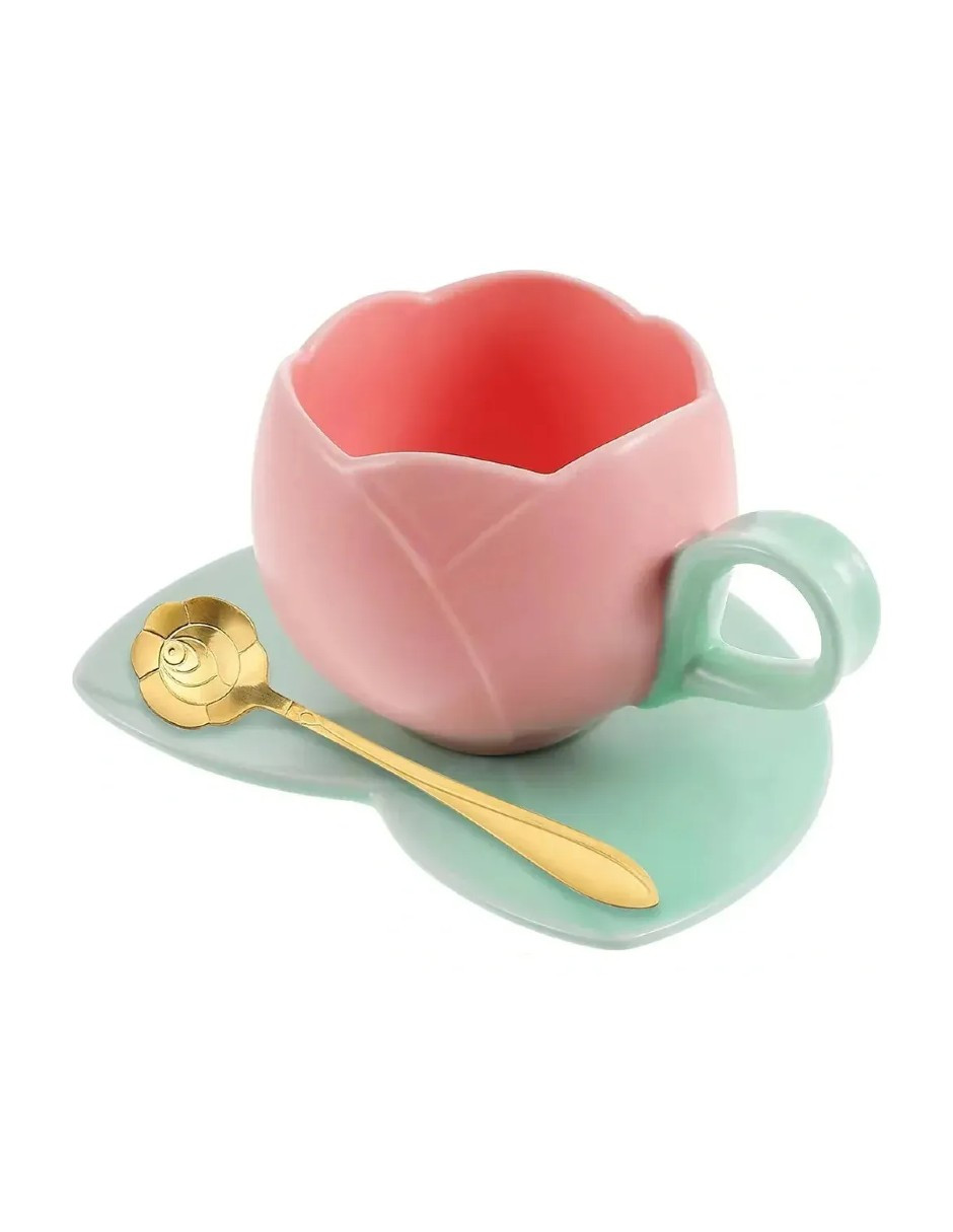 Foto 3 pulgar | Taza Para Café Cerámica Tulipán Con Cuchara + Gratis Termo Güish De Regalo