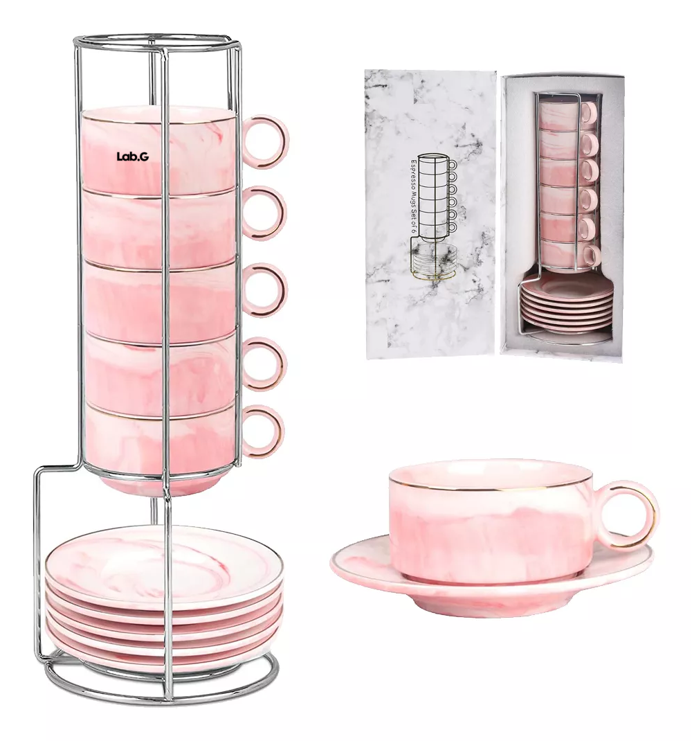 Foto 2 | Juego De Tazas De Expreso Con Base De Metal, 6 Piezas Rosa Marmol