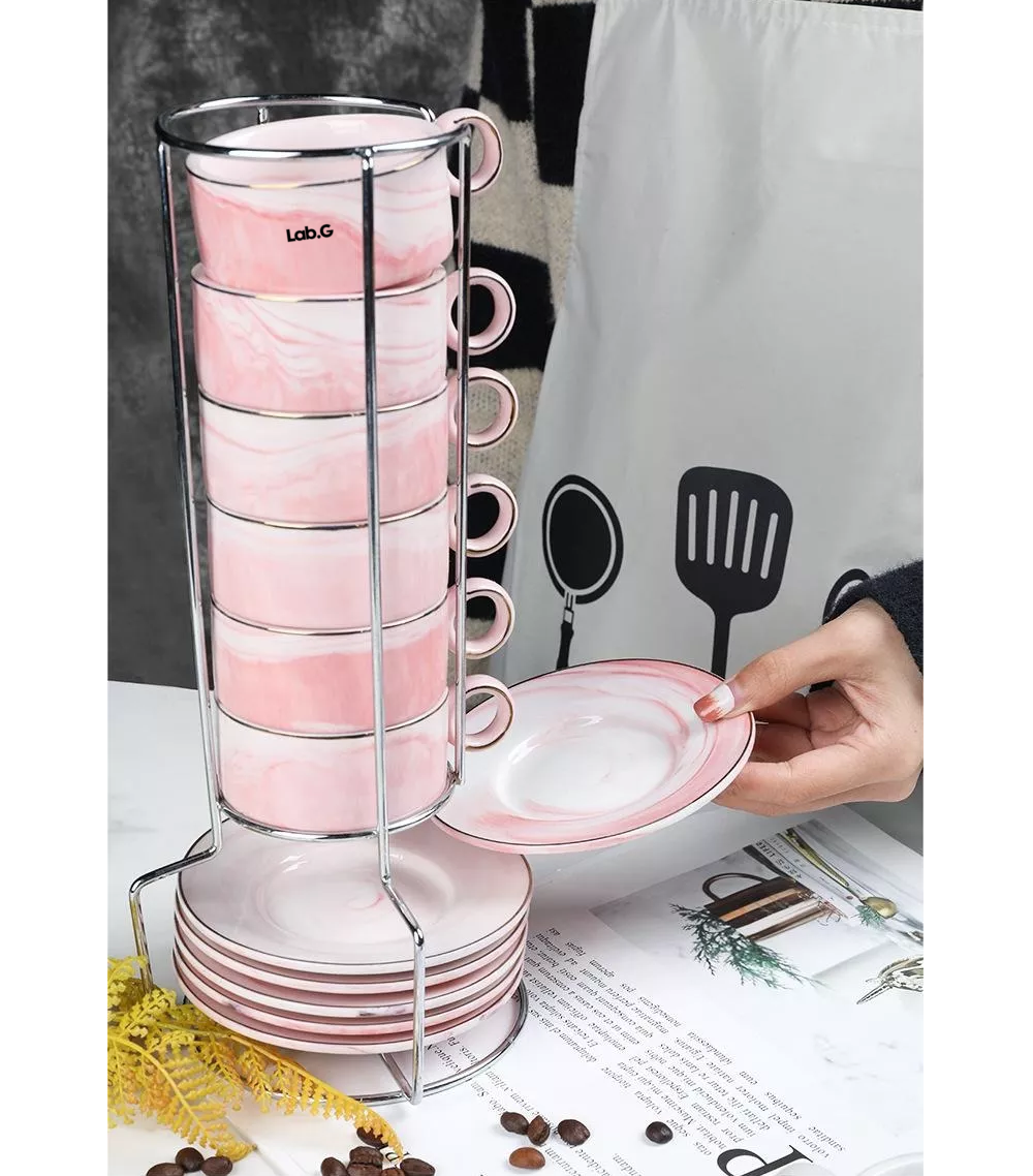 Foto 4 | Juego De Tazas De Expreso Con Base De Metal, 6 Piezas Rosa Marmol