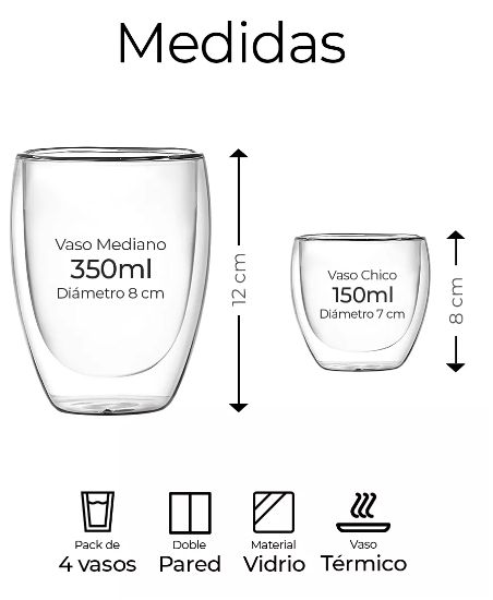 Foto 3 pulgar | 4 Vasos De Vidrio Para Café Wünd Doble Pared Térmico 350ml/150ml Color Transparente