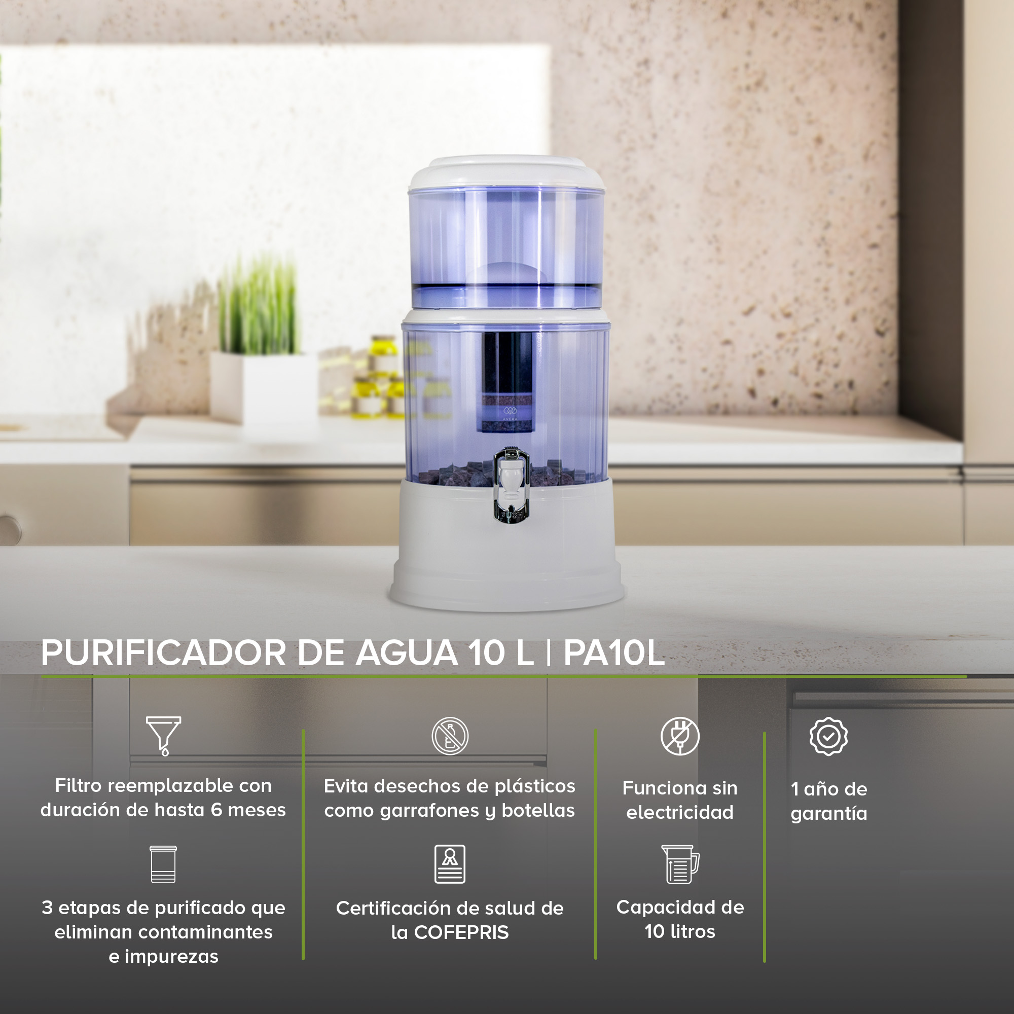 Foto 2 | Purificador de Agua Avera PA10L color Blanco 10 L Filtro de Agua