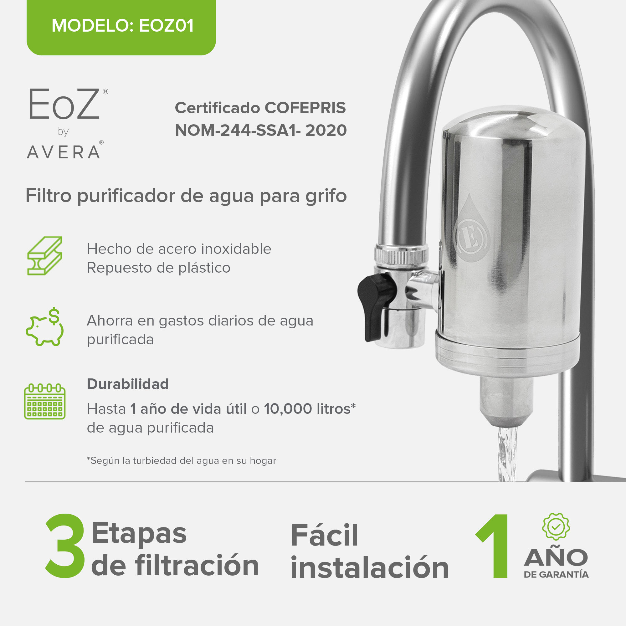 Foto 3 | Filtro Purificador Para Grifo Eoz By Avera, 3 Etapas De Filtración, Elimina El 99% De Microorganismos, Nom-244-ssa1-202