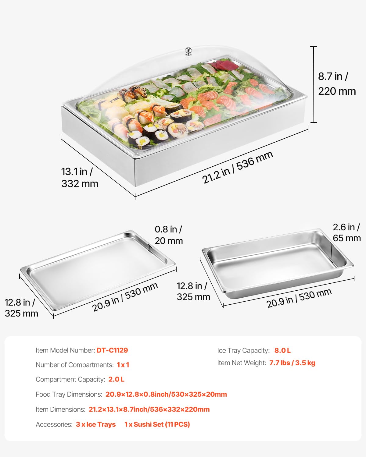 Foto 7 | Recipiente Expositor Para Servir Comida Vevor Con 3 Recipientes Para Hielo - Venta Internacional.