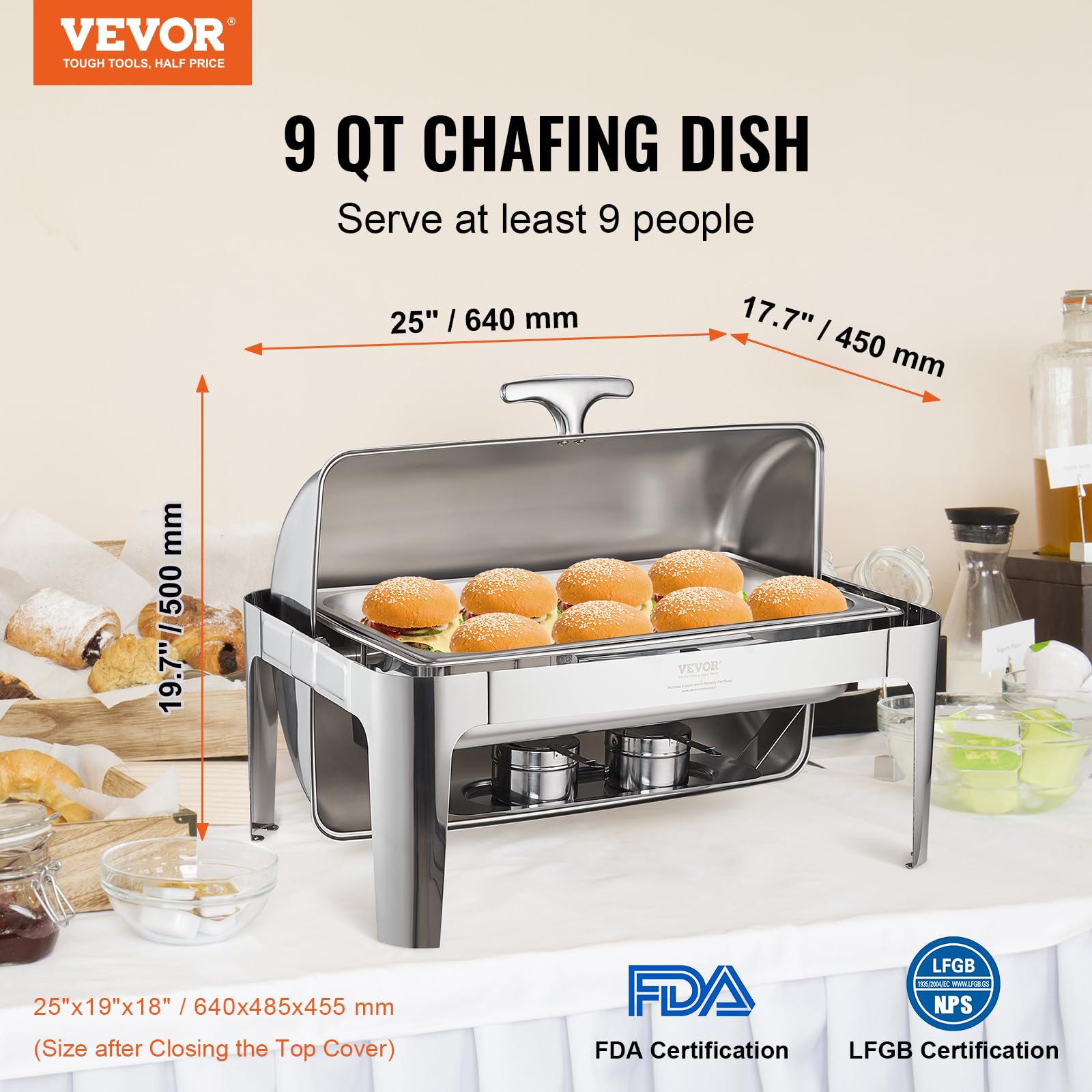 Foto 2 | Plato Para Rozaduras Vevor Con Tapa Enrollable De Acero Inoxidable De 9 Litros Para 9 Personas - Venta Internacional.