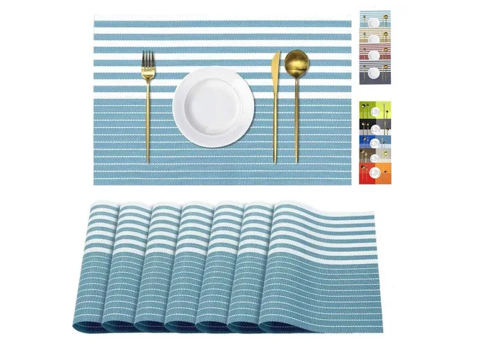 Xtellar Set De 8 Manteles Individuales Antideslizantes, Envinados Y Altamente Duraderos, Diseño Elegante Azul Raya