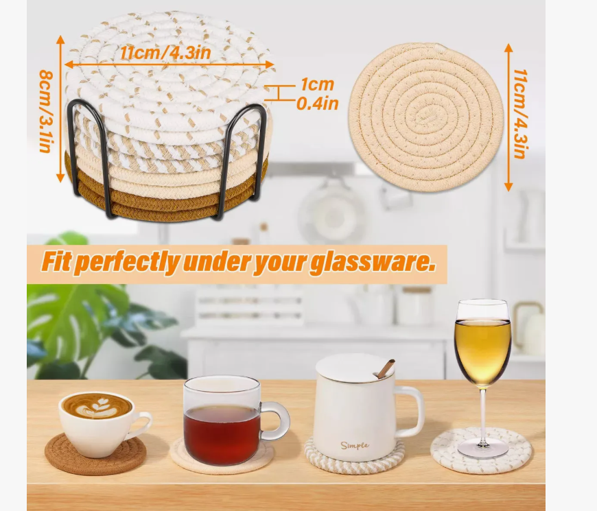 Foto 4 pulgar | 8pcs Posavasos Xtellar Cuerda Algodón Mesa Comedor Café Con Soporte