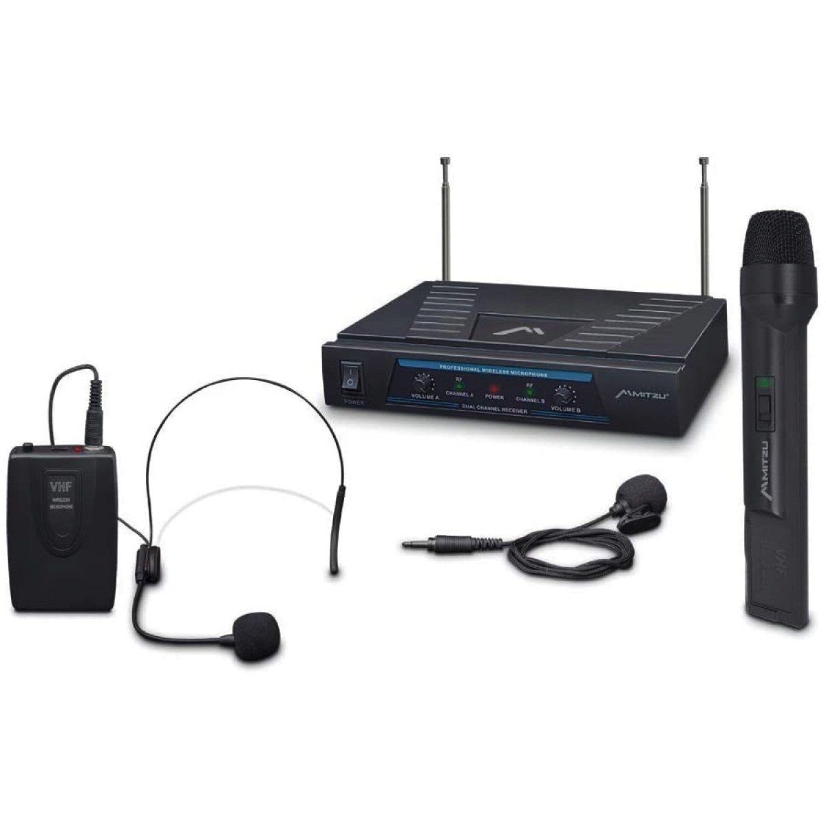 Set de Micrófonos Inalámbricos Vhf Mitzu 12-3057 color Negro Diadema Solapa