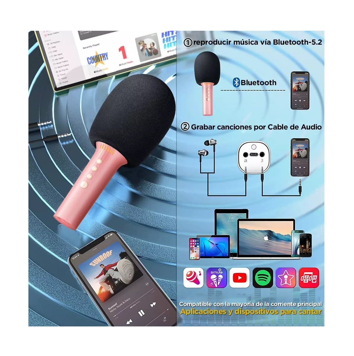 Foto 5 pulgar | Micrófono Inalámbrico de Karaoke Belug Rosa con Bluetooth y Bocina