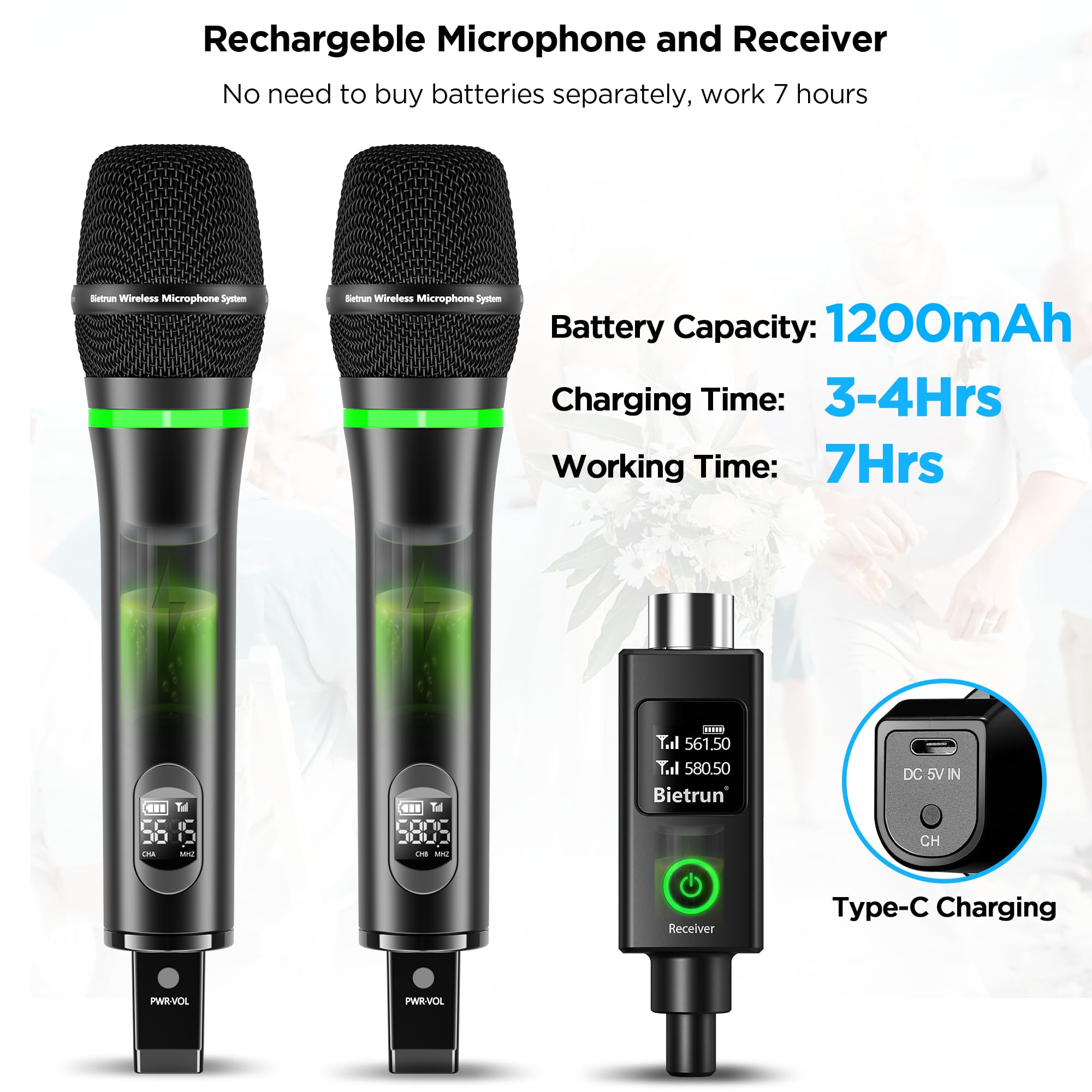 Foto 3 | Micrófono Inalámbrico Bietrun Xlr Recargable De Doble Metal - Venta Internacional.