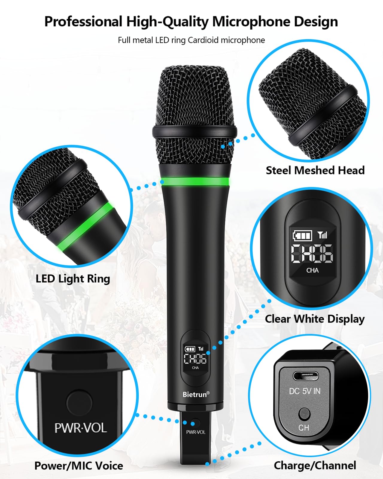 Foto 5 pulgar | Micrófono Inalámbrico Bietrun Xlr Recargable De Doble Metal - Venta Internacional.