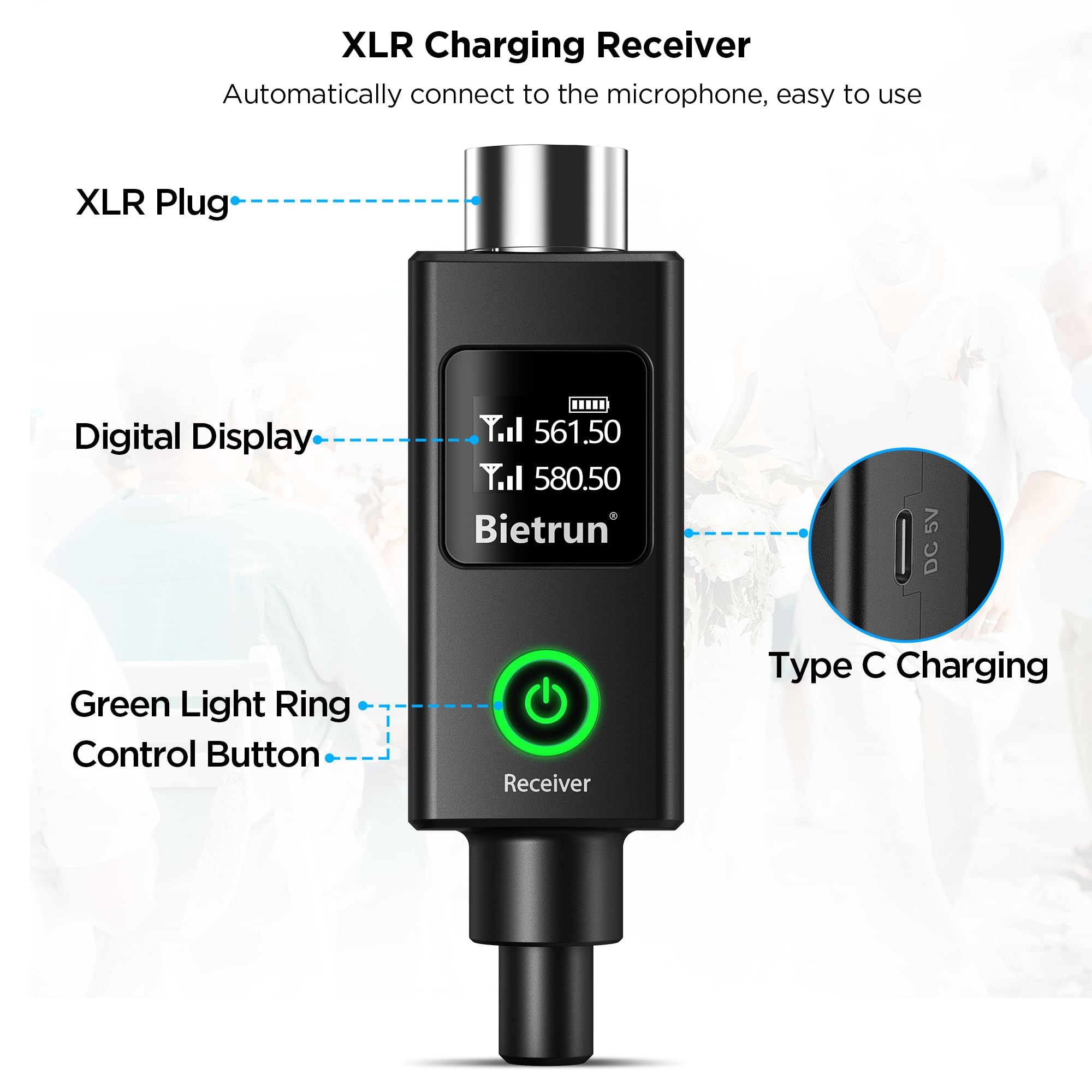 Foto 6 pulgar | Micrófono Inalámbrico Bietrun Xlr Recargable De Doble Metal - Venta Internacional.