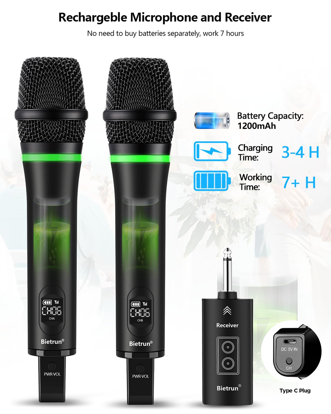 Foto 4 pulgar | Micrófono Inalámbrico Bietrun Recargable De Doble Metal Uhf De 240 Pies - Venta Internacional.