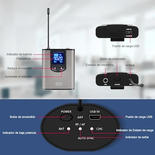 Foto 2 | Language Micrófono Inalámbrico De Solapa Uhf 2 Con Audífonos Eo Safe Imports Esi-2966-1 Gris