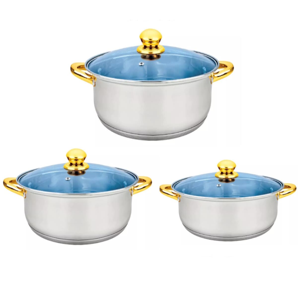 Juego de 3 Ollas Moven Plateadas de Acero Inoxidable con Tapa  30/ 32/ 34 cm $2,896
