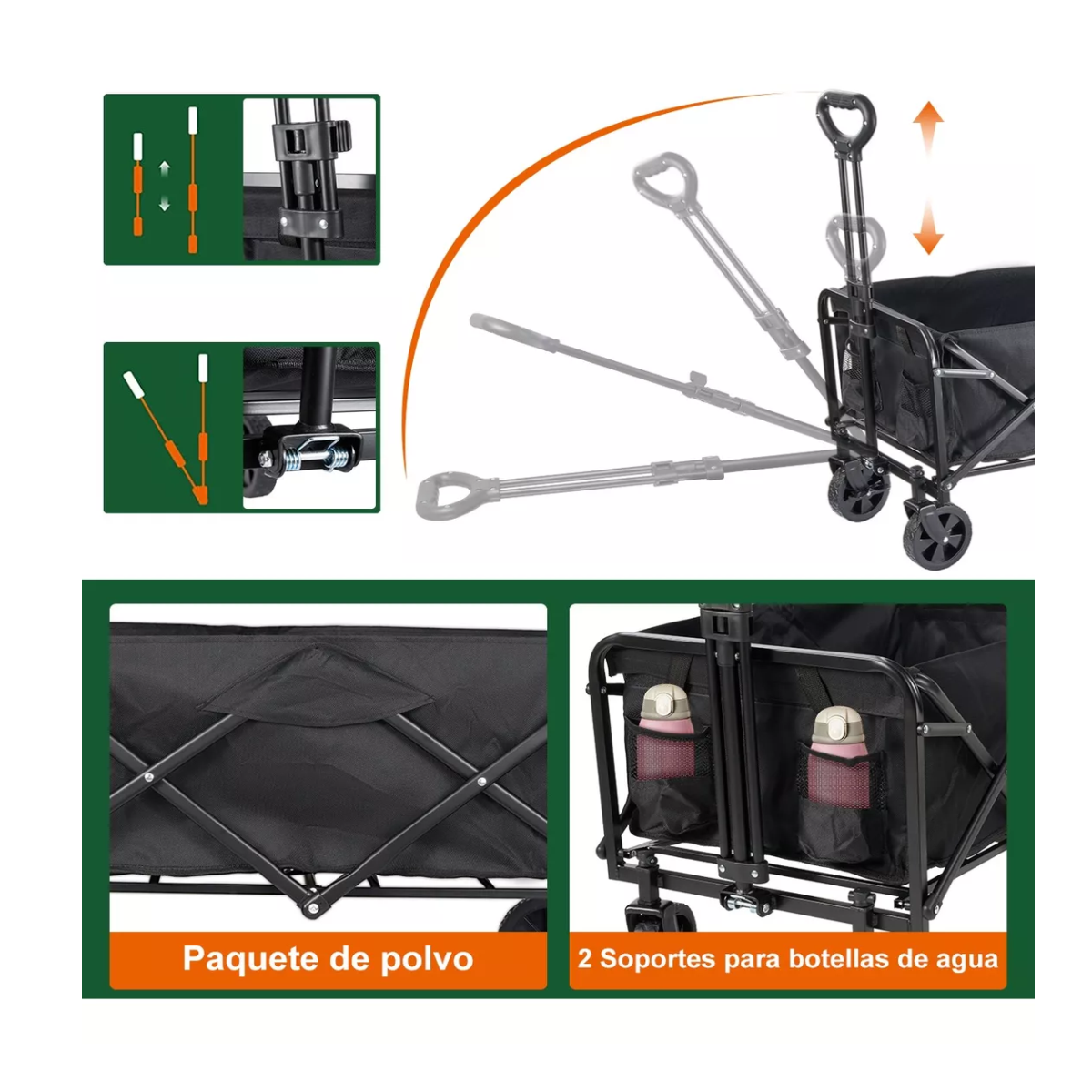 Foto 3 | Carrito Vagón Plegable Multiusos Con Manija Para Acampar Negro