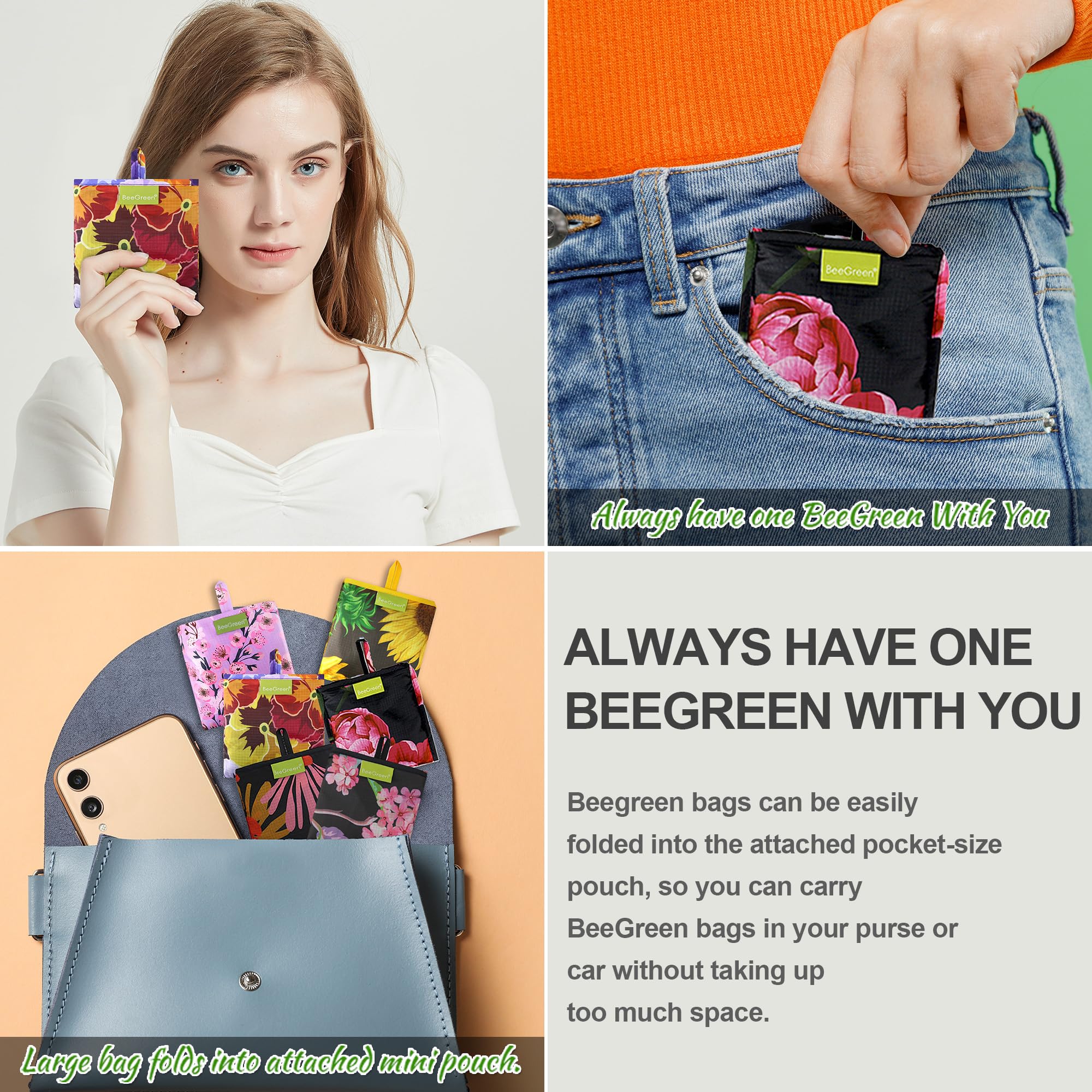 Foto 5 | Bolsas De Supermercado Reutilizables Beegreen Plegables De Poliéster Para Mujer - Venta Internacional.