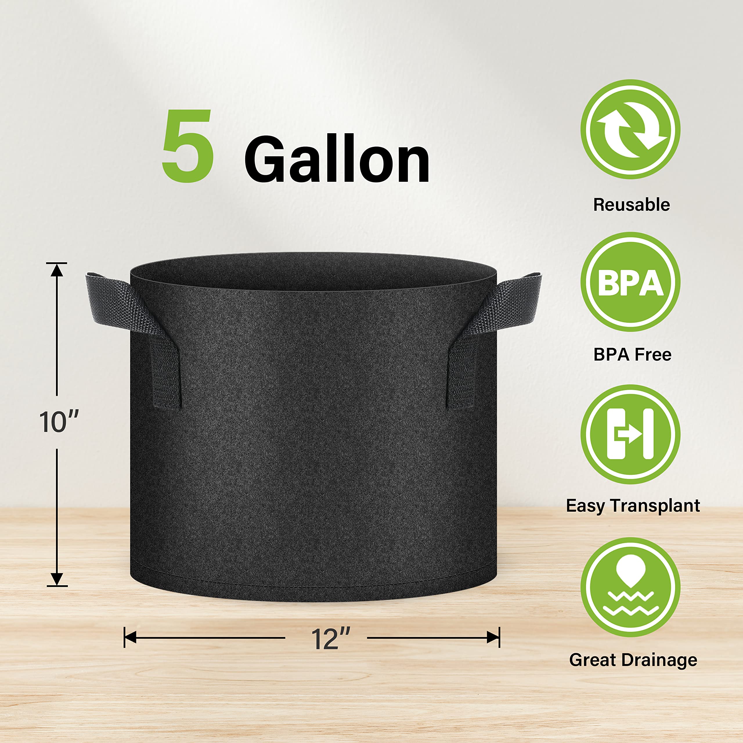 Foto 3 | Bolsas De Cultivo De Plantas Healsmart De 5 Galones  Paquete De 5  Para Vegetales Negros - Venta Internacional.