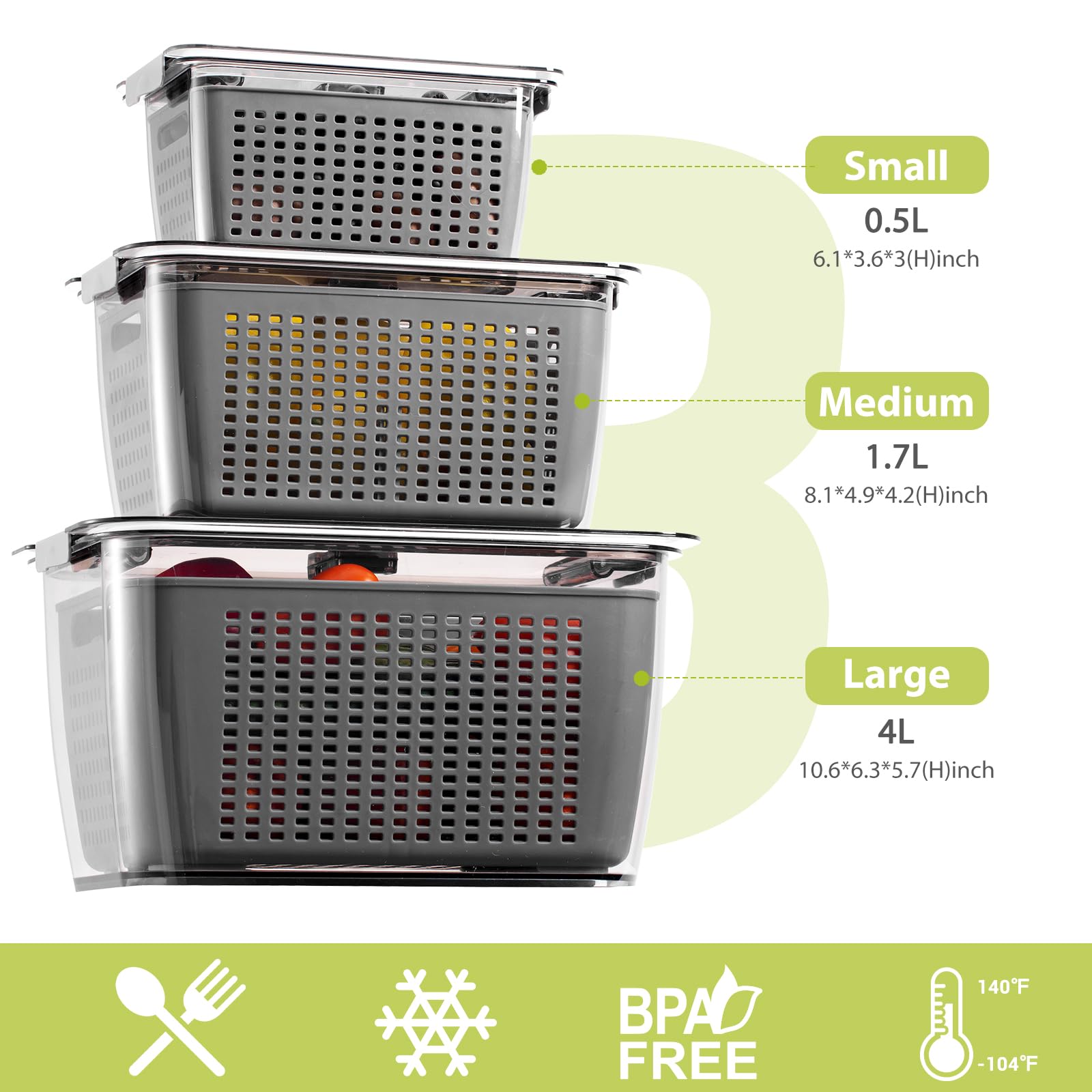 Foto 3 pulgar | Contenedores De Almacenamiento Luxear Para Frutas Y Verduras Frescas, Paquete De 3, Color Gris - Venta Internacional.