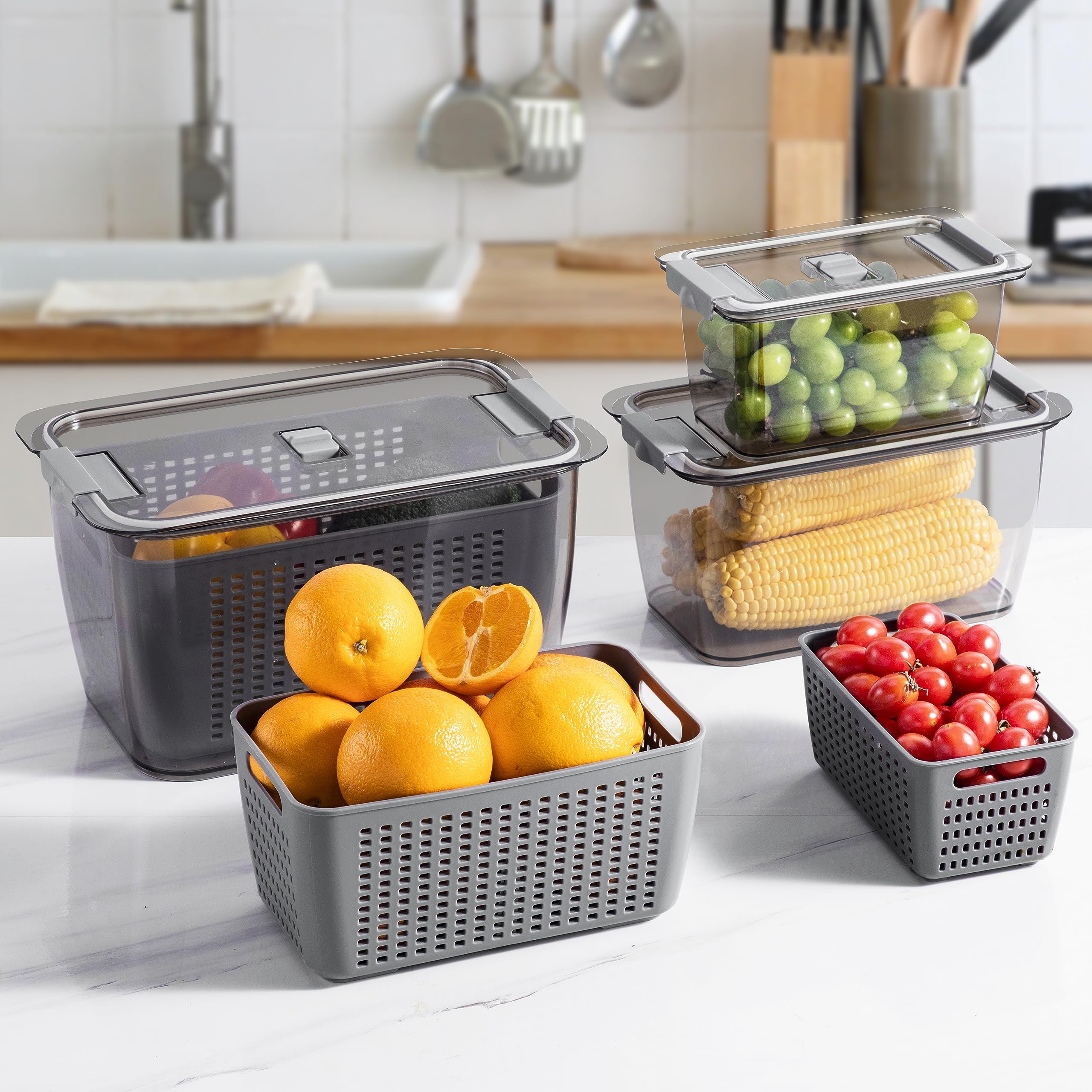 Foto 7 pulgar | Contenedores De Almacenamiento Luxear Para Frutas Y Verduras Frescas, Paquete De 3, Color Gris - Venta Internacional.
