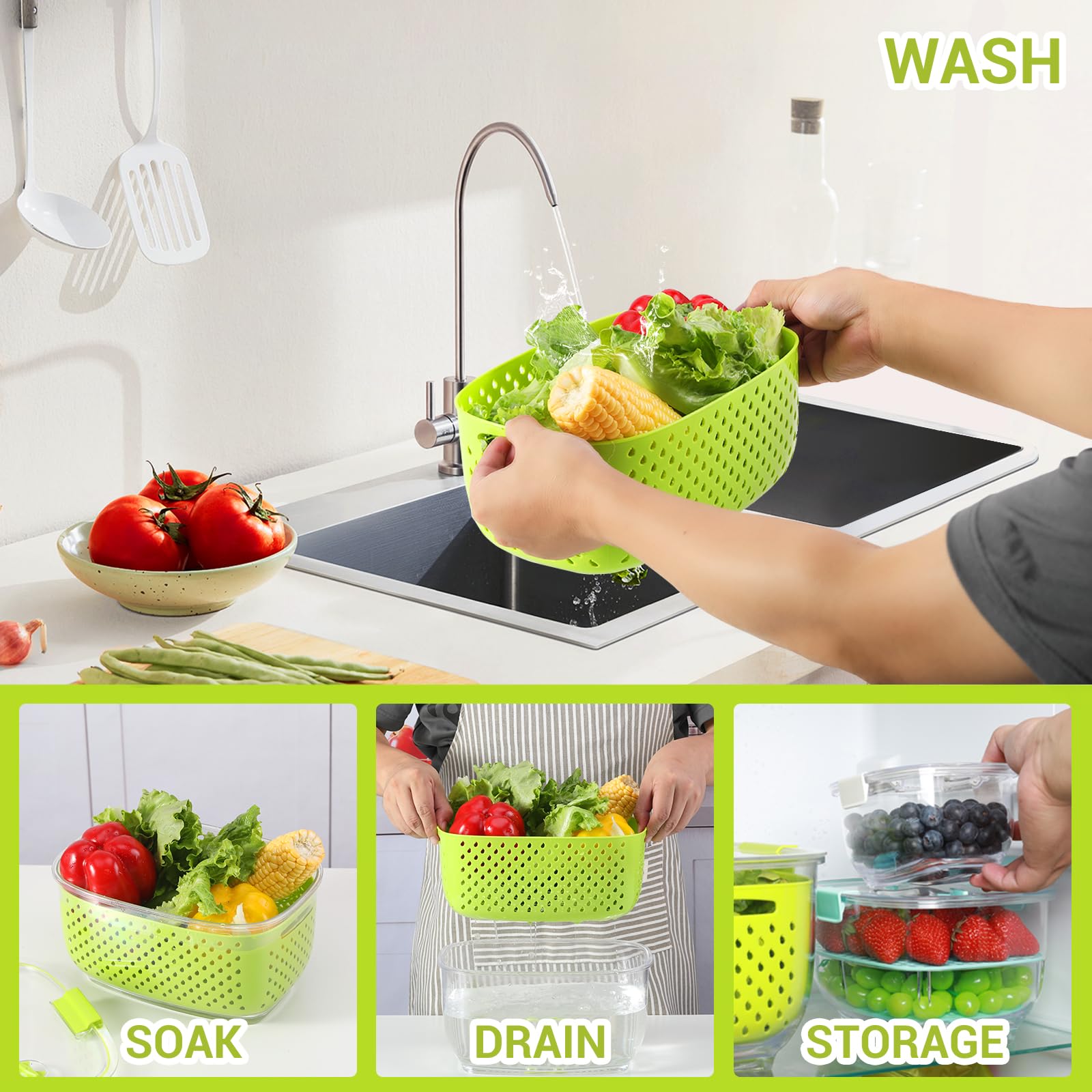 Foto 4 | Contenedores De Almacenamiento Luxear Fresh Produce, Juego De 3 Piezas, Color Verde - Venta Internacional.