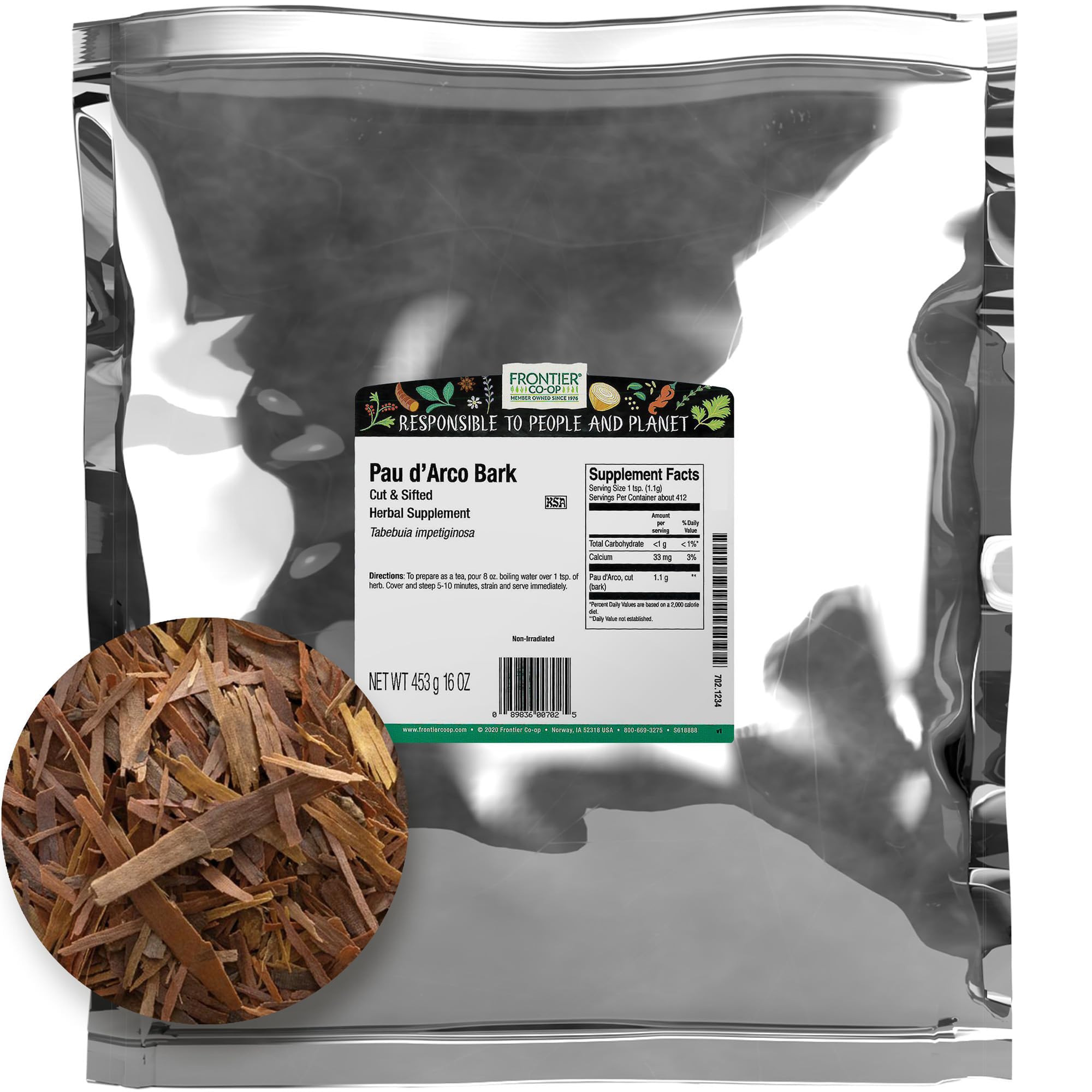 Bolsa A Granel Pau D'arco Bark Frontier Co-op, Cortada Y Tamizada, 454 G - Venta Internacional.